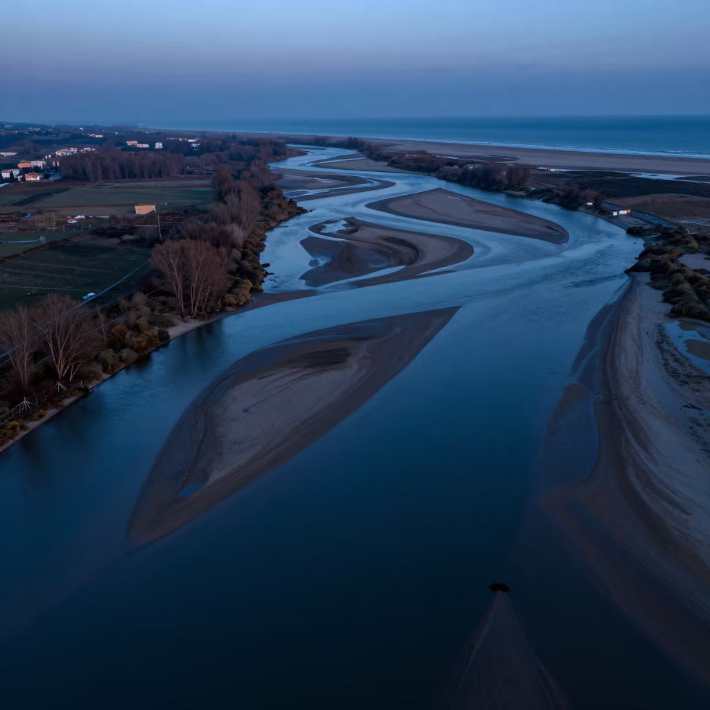 Aerial Twilight Over Braided River Channels in high above braided river channels in Spain