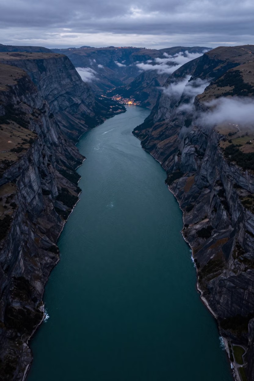 Aerial Twilight Fjord View With Emerald Water in far above surf-scalloped coastline near Lubango