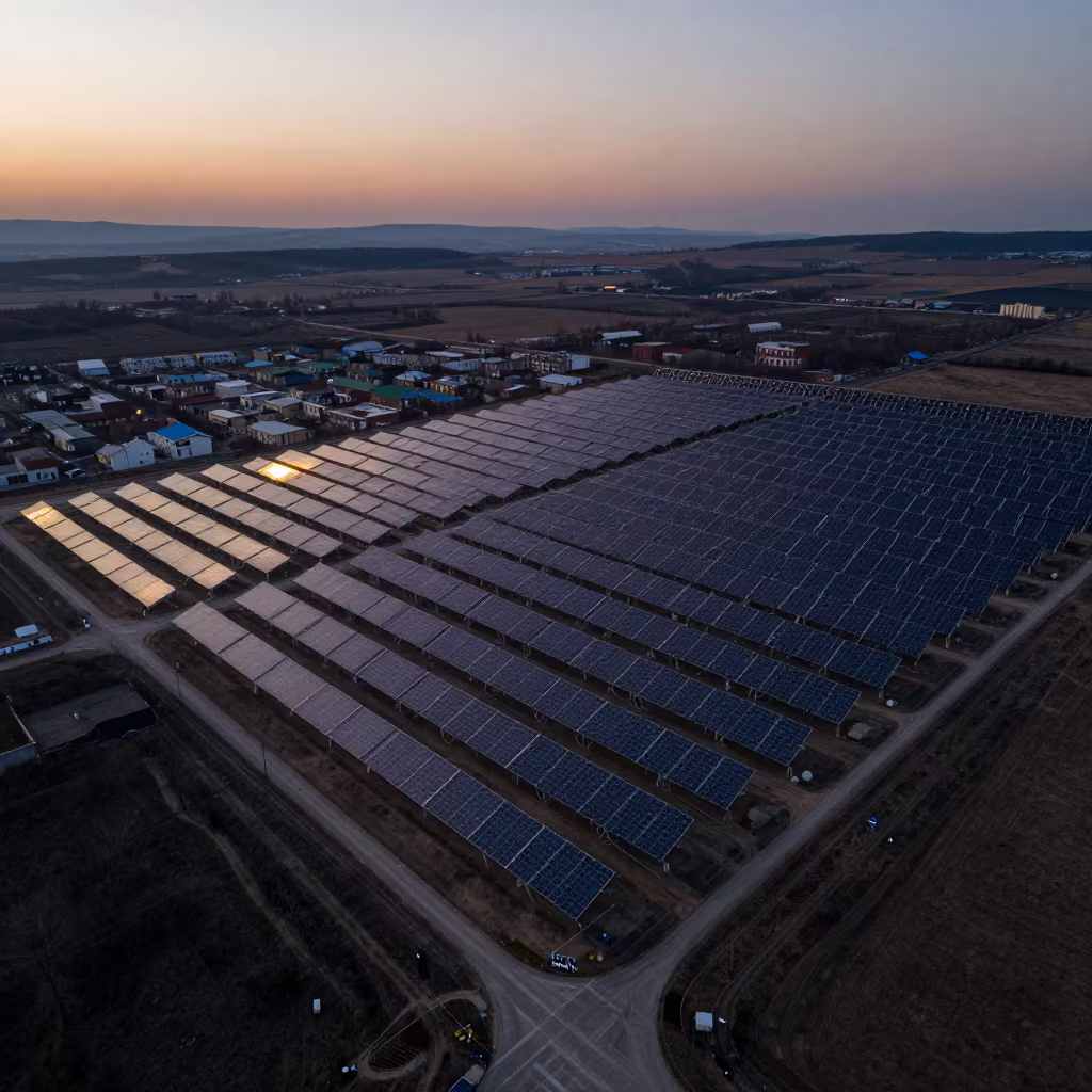 Aerial Twilight Solar Plant Bulgaria Rooftops in high above patterned rooftops in Bulgaria