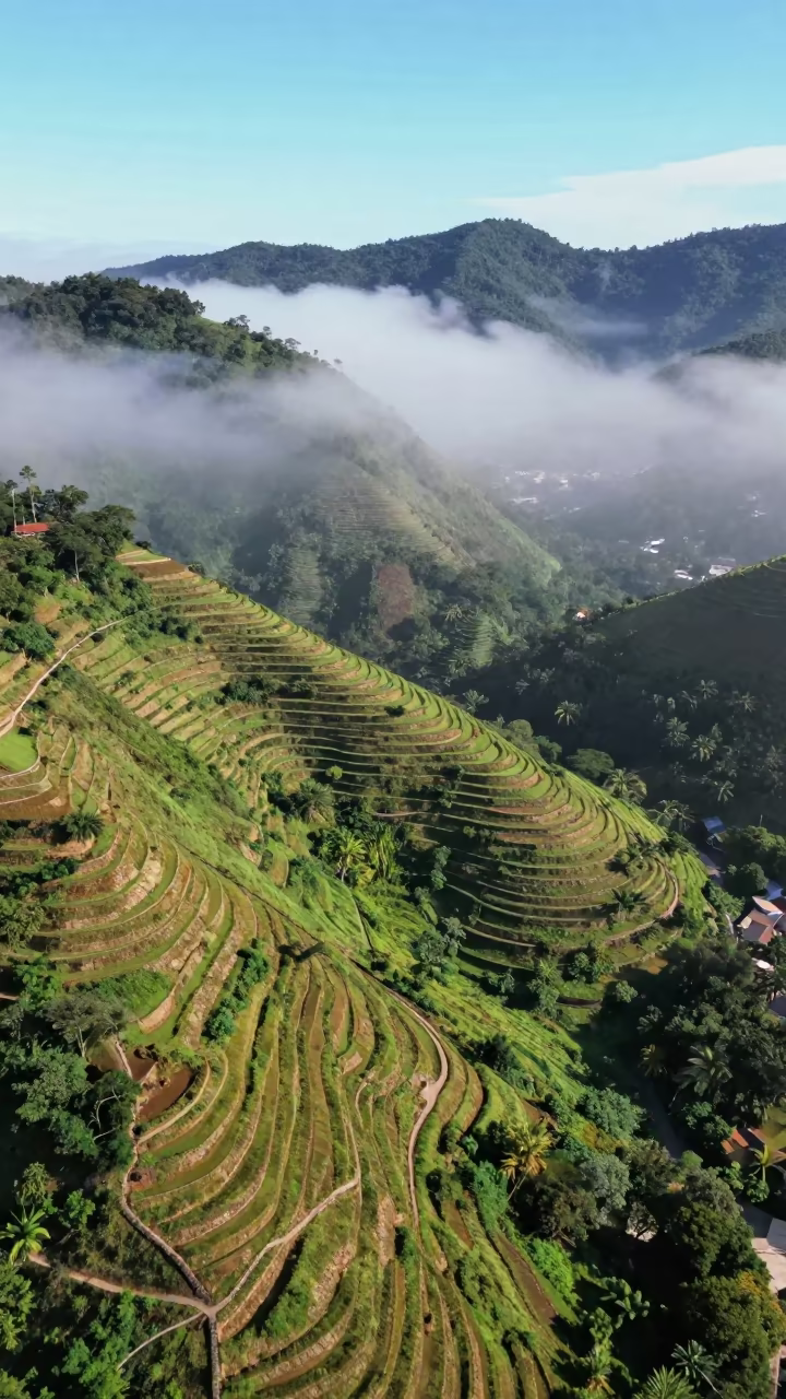 Aerial View of Urca Terraced Hillsides Wet Season in far above terraced hillsides near Urca, Rio de Janeiro