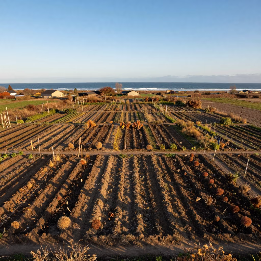 Aerial View of Allotment Gardens at Sunset in far above surf-scalloped coastline near Guéckédougou