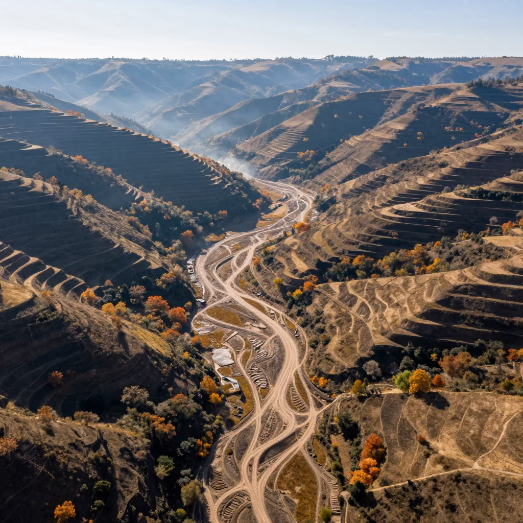 Aerial View Alluvial Fan Colombia Valley in far above terraced hillsides in Colombia