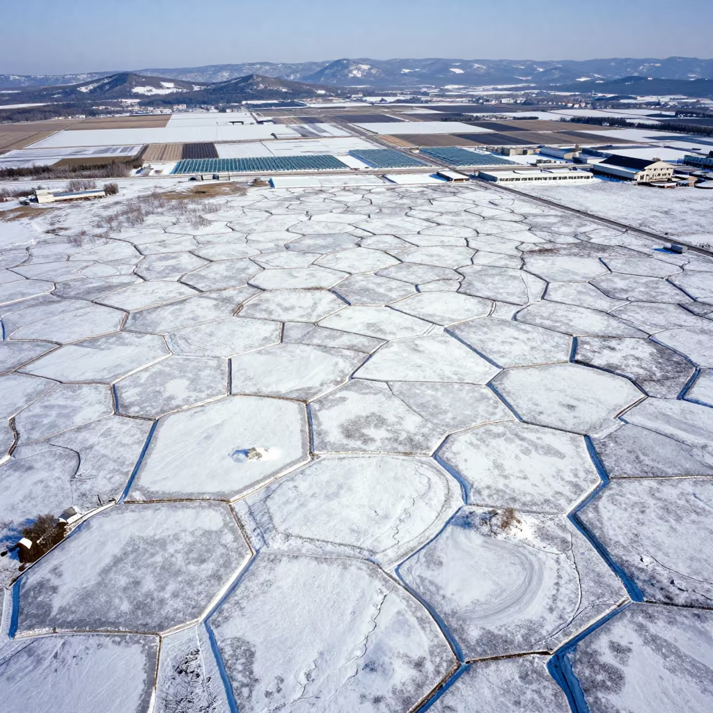 Aerial View of Arctic Ice Wedge Polygons Under Snow in high over greenhouse grids near Sapporo