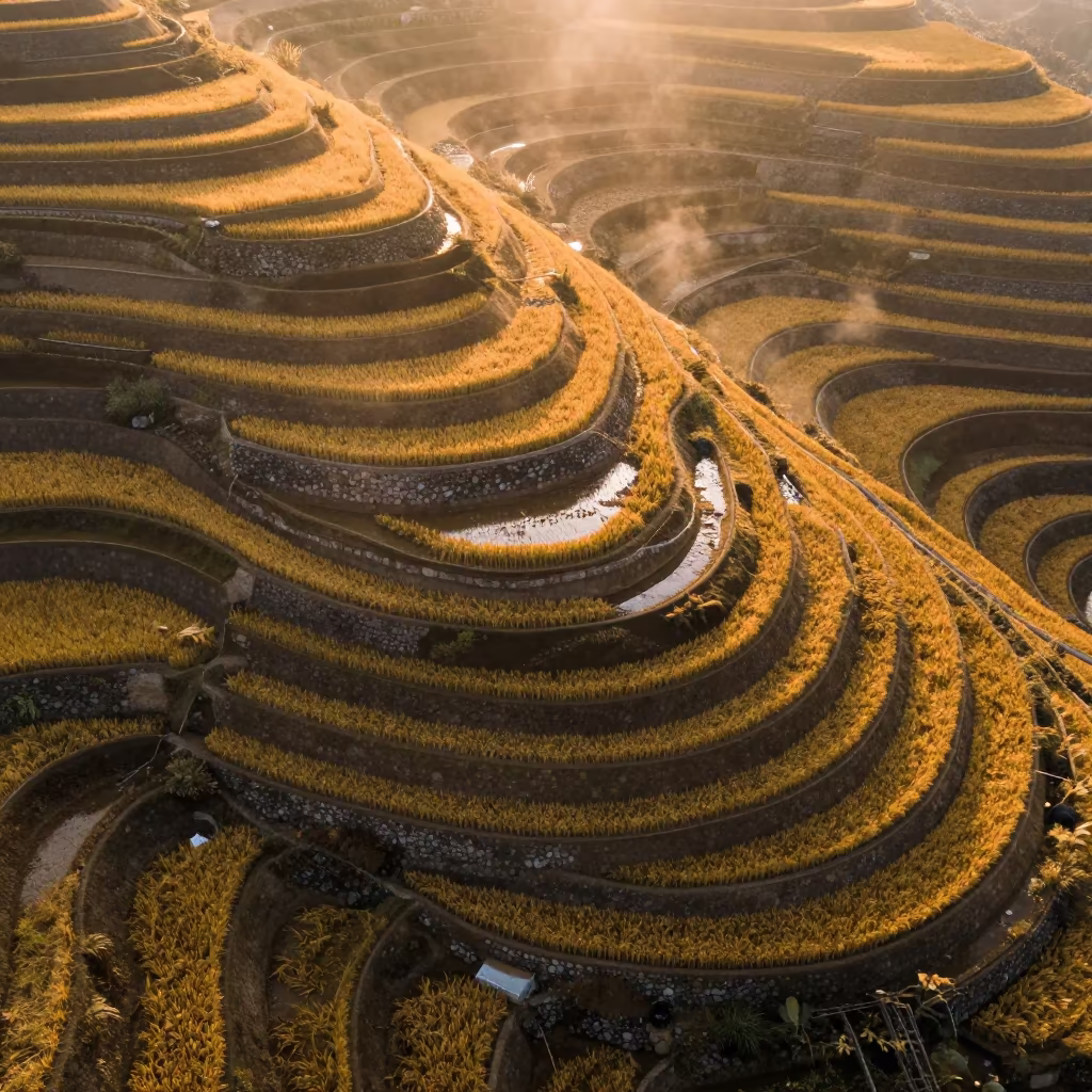 Aerial View of Autumn Rice Terraces in Jiangsu in from a ridge above layered foothills in Jiangsu