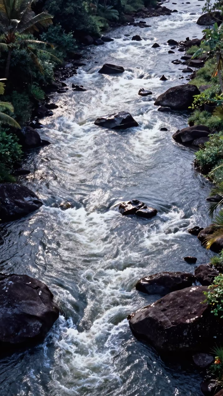 Aerial View of Bali River Rapids Foaming Through Boulders in high above braided river channels in Bali