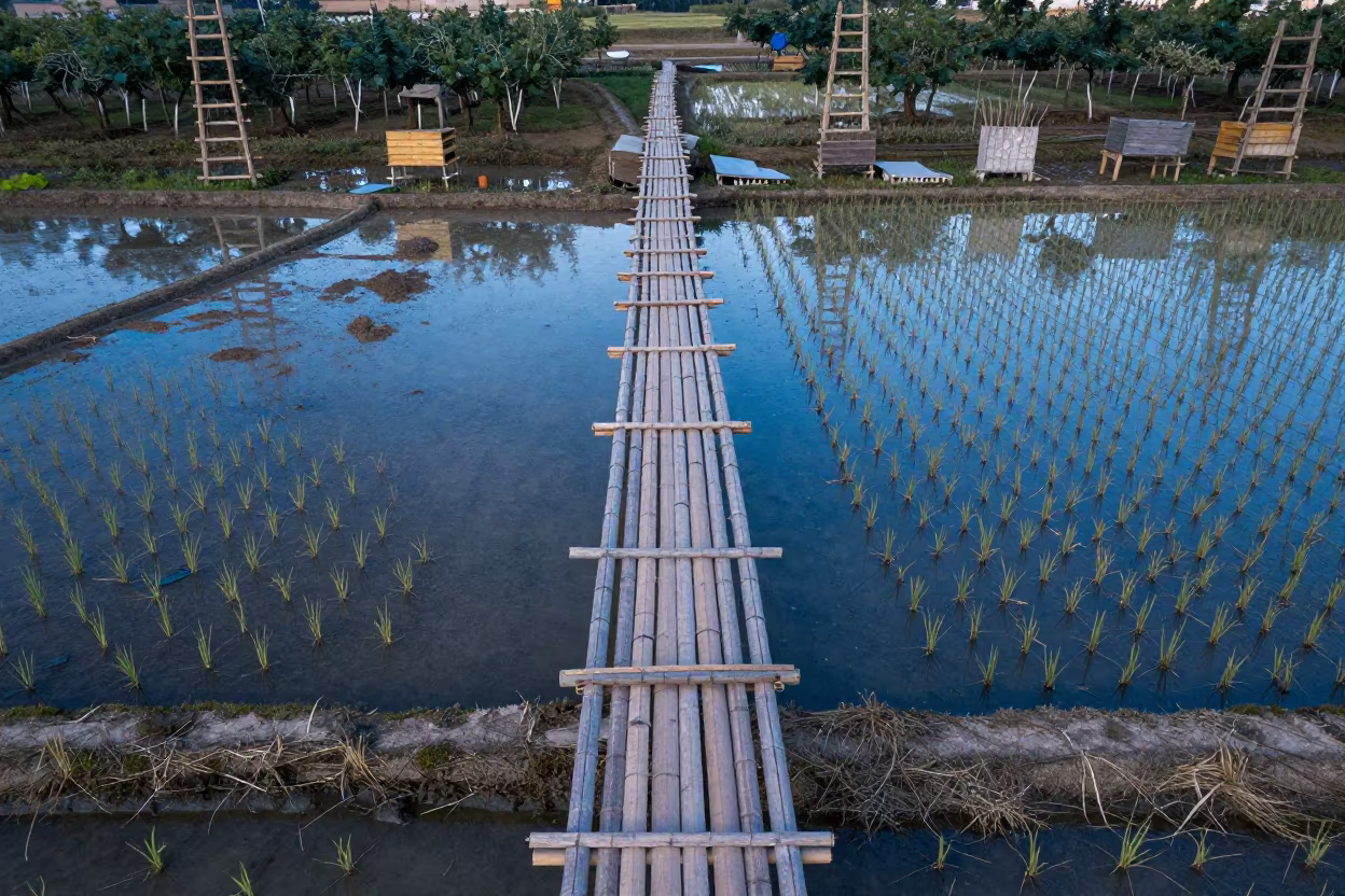 Aerial View of Bamboo Bridge Over Rice Paddies in among orchard ladders and crates in Yunnan