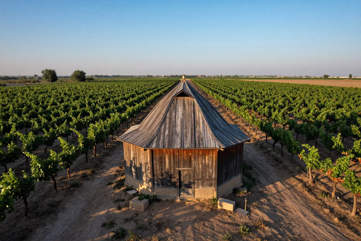Aerial View of Barn Cupola Over Isfahan Vineyards in between vineyard trellises in Isfahan