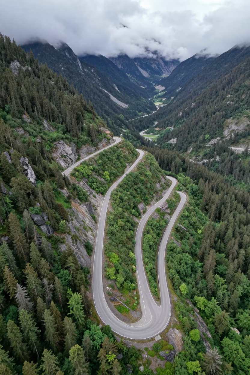 Aerial View of BC Mountain Switchback Road in in British Columbia