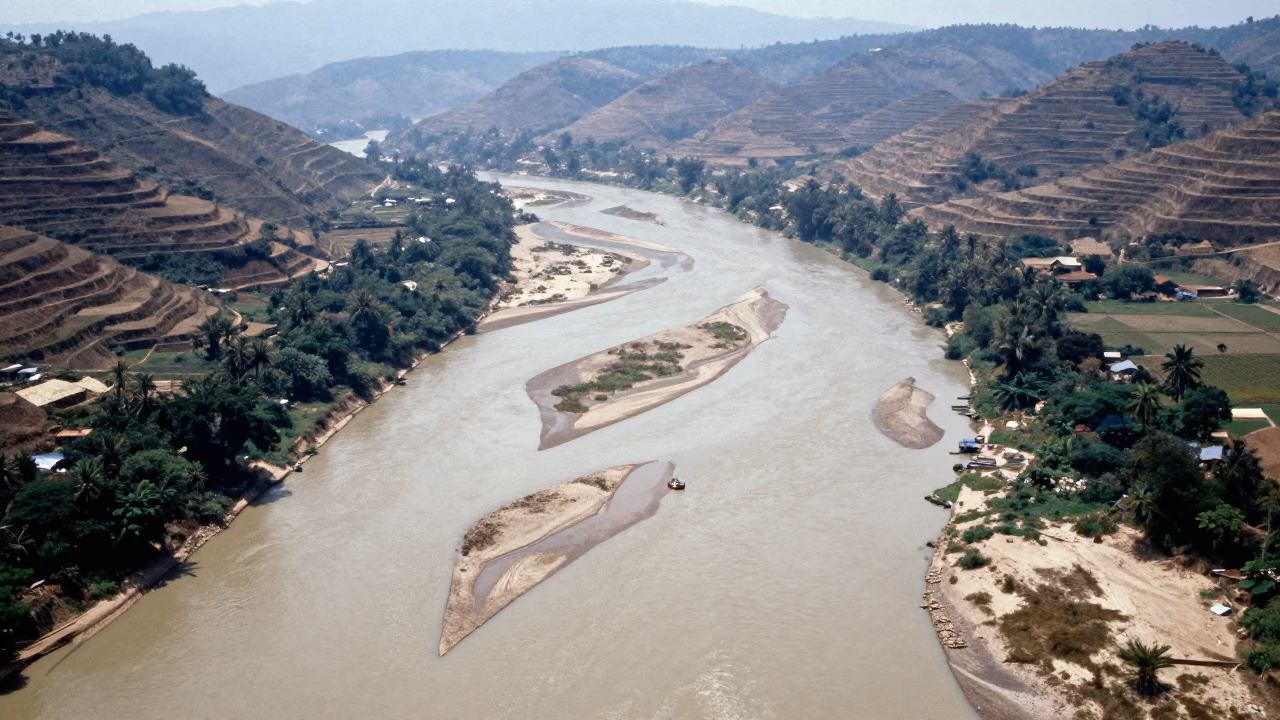 Aerial View of Braided Glacial River Laos in far above terraced hillsides in Laos