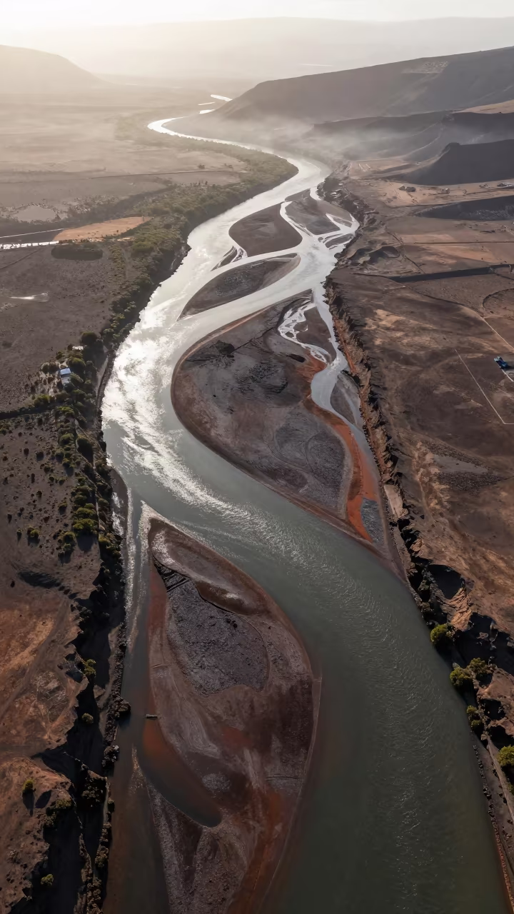 Aerial View of Braided River Channels at Dawn in high above braided river channels in the Canary Islands