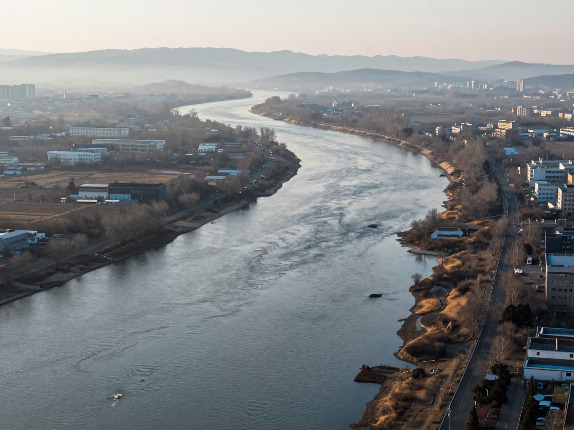Aerial View of Braided River Channels Near Pyongyang in high above braided river channels near Pyongyang