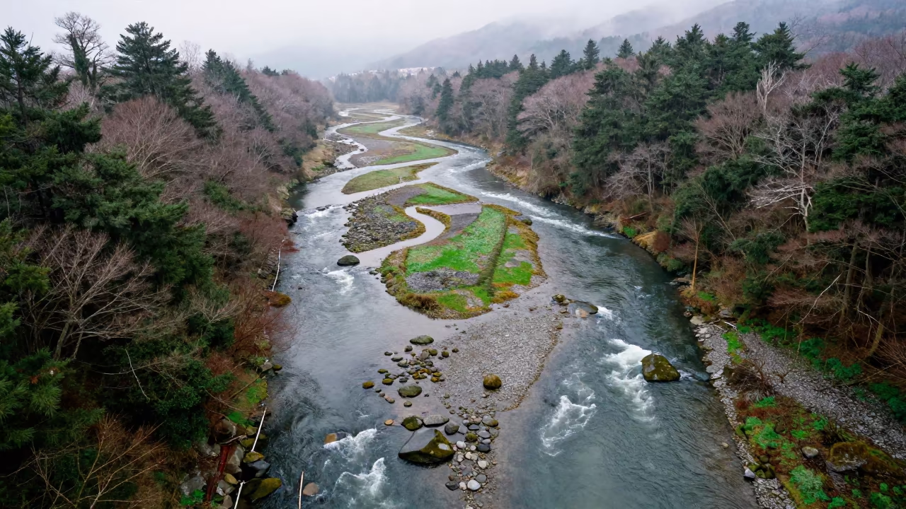 Aerial view of braided river in misty spring forest in high above braided river channels near Kanazawa