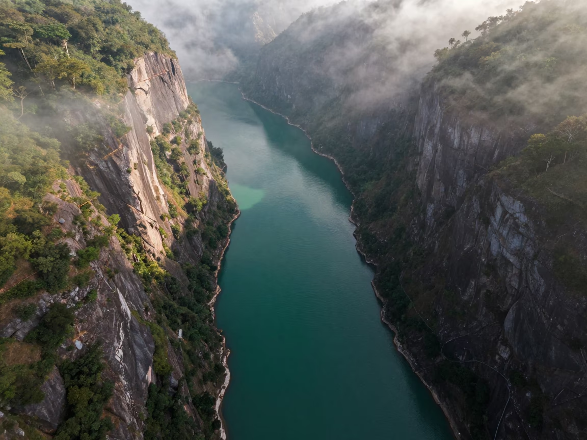 Aerial view of Brunei fjord emerald water mist in in Brunei
