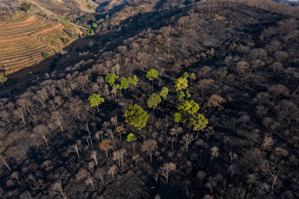 Aerial View Burned Forest Regrowth Libreville Hills in far above terraced hillsides near Libreville