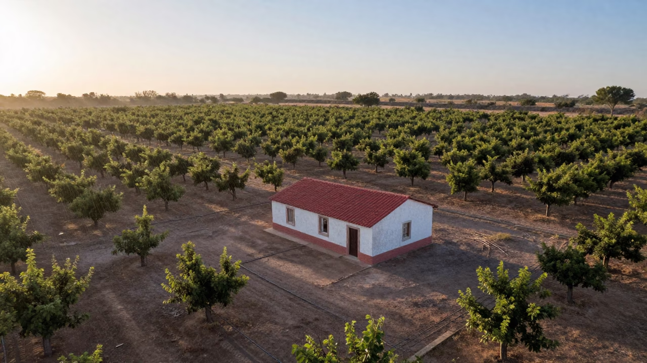 Aerial View of Cabin in Dry Orchard at Sunrise in far above orchard blocks and irrigation lines near San Luis Potosí