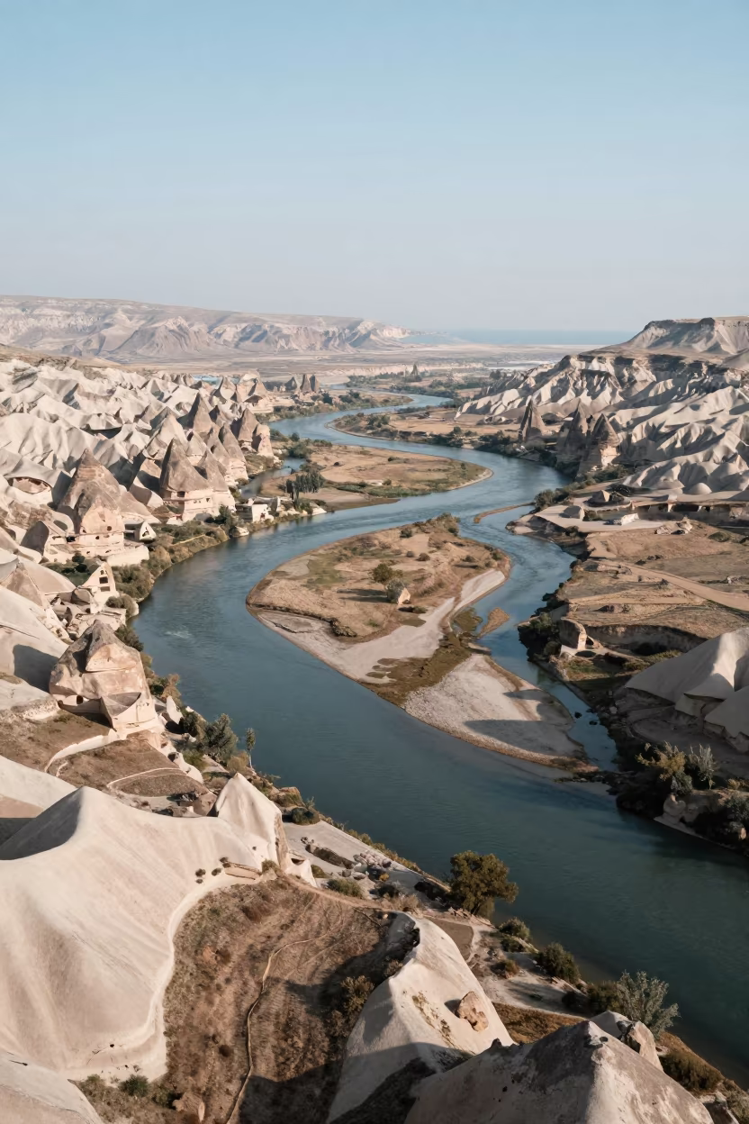 Aerial View of Cappadocia River Delta Branching in far above surf-scalloped coastline in Cappadocia