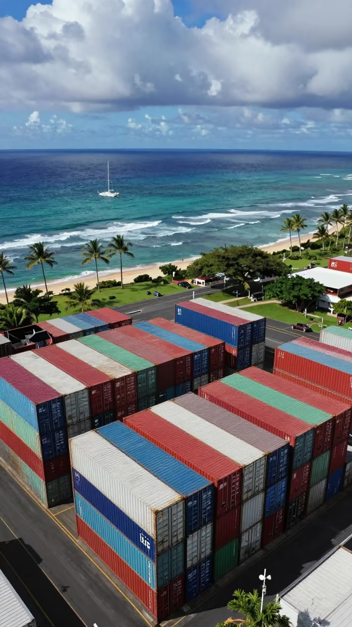 Aerial View of Colorful Shipping Containers in Hawaii in far above surf-scalloped coastline in Hawaii