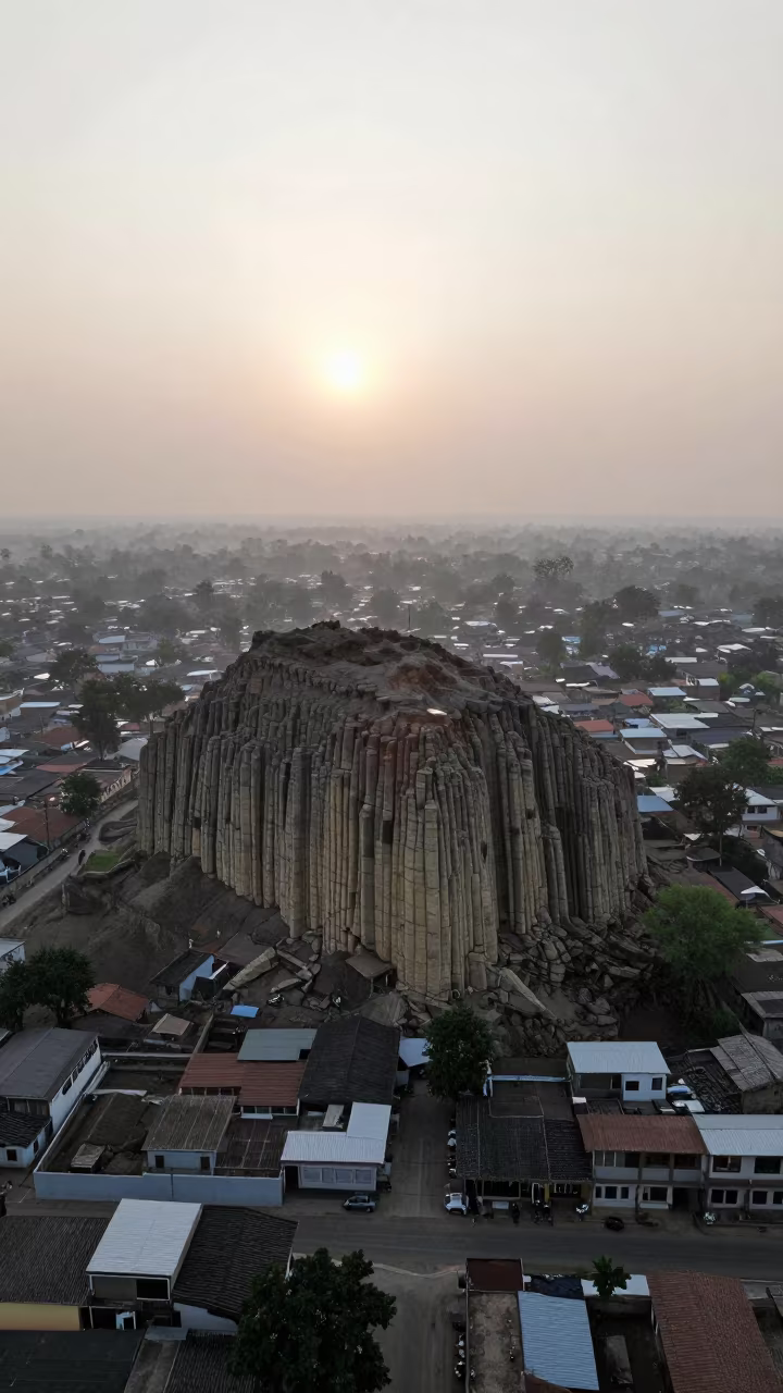 Aerial View of Columnar Basalt Over Manipur Rooftops in high above patterned rooftops in Manipur