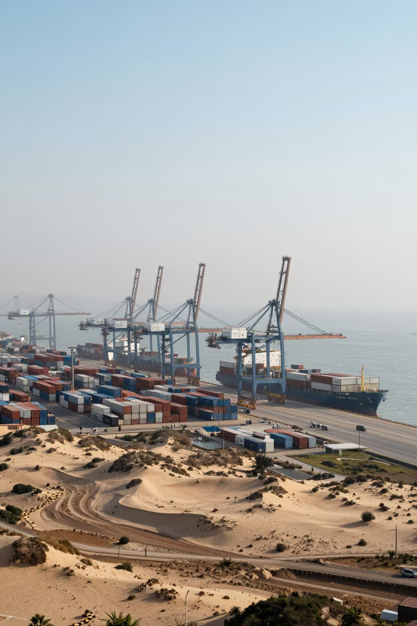 Aerial View of Container Piers and Hazy Shore in above dune fields and dry wadis near Haifa