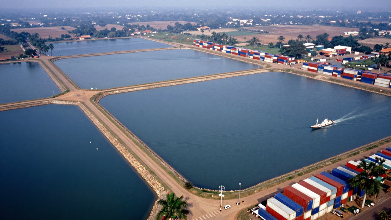 Aerial View of Container Piers and Salt Ponds in high over salt ponds and causeways in Uganda