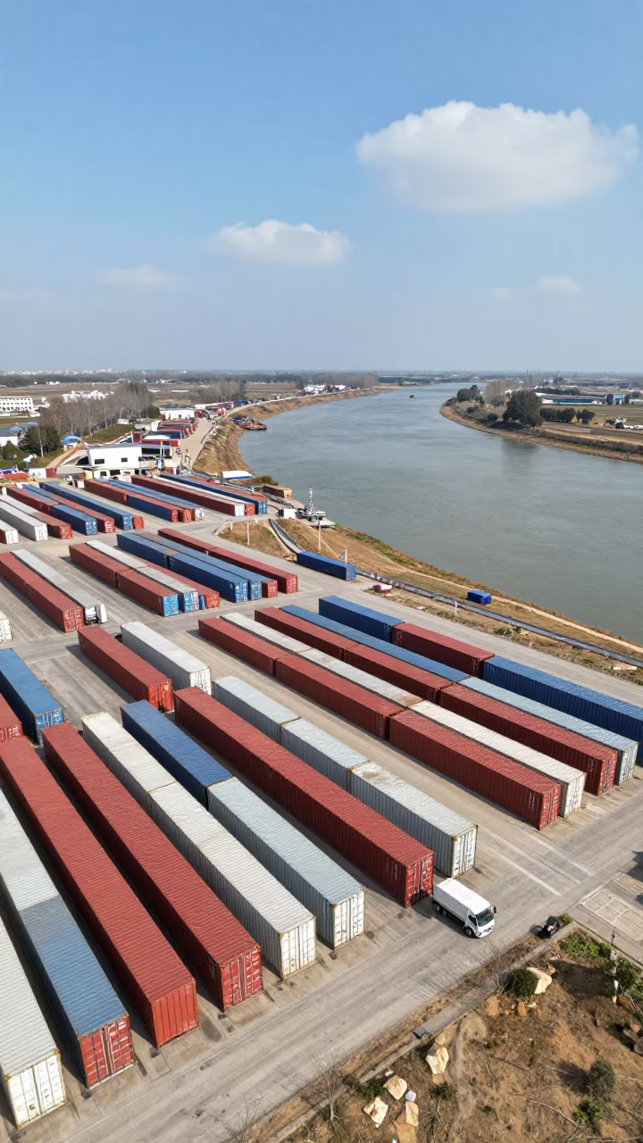Aerial View of Container Rows Over Jiangxi River in far above river meanders in Jiangxi