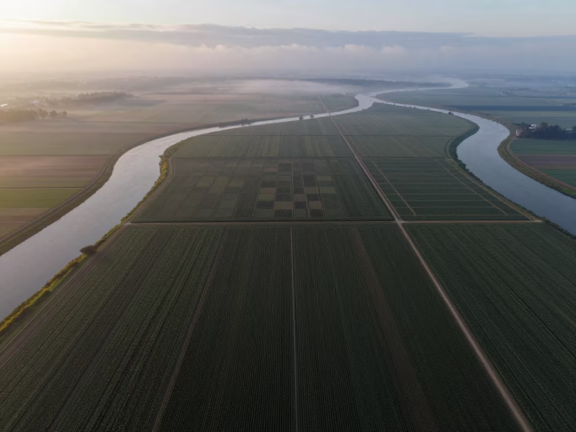 Aerial View of Corn and Soybean Fields Near Vinh in high above braided river channels near Vinh