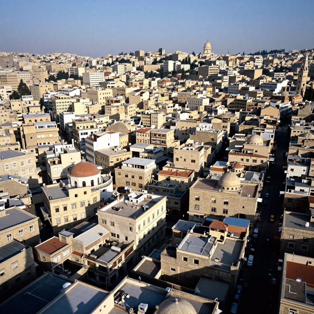 Aerial View of Damascus Rooftops Winter Light in high above patterned rooftops near Damascus