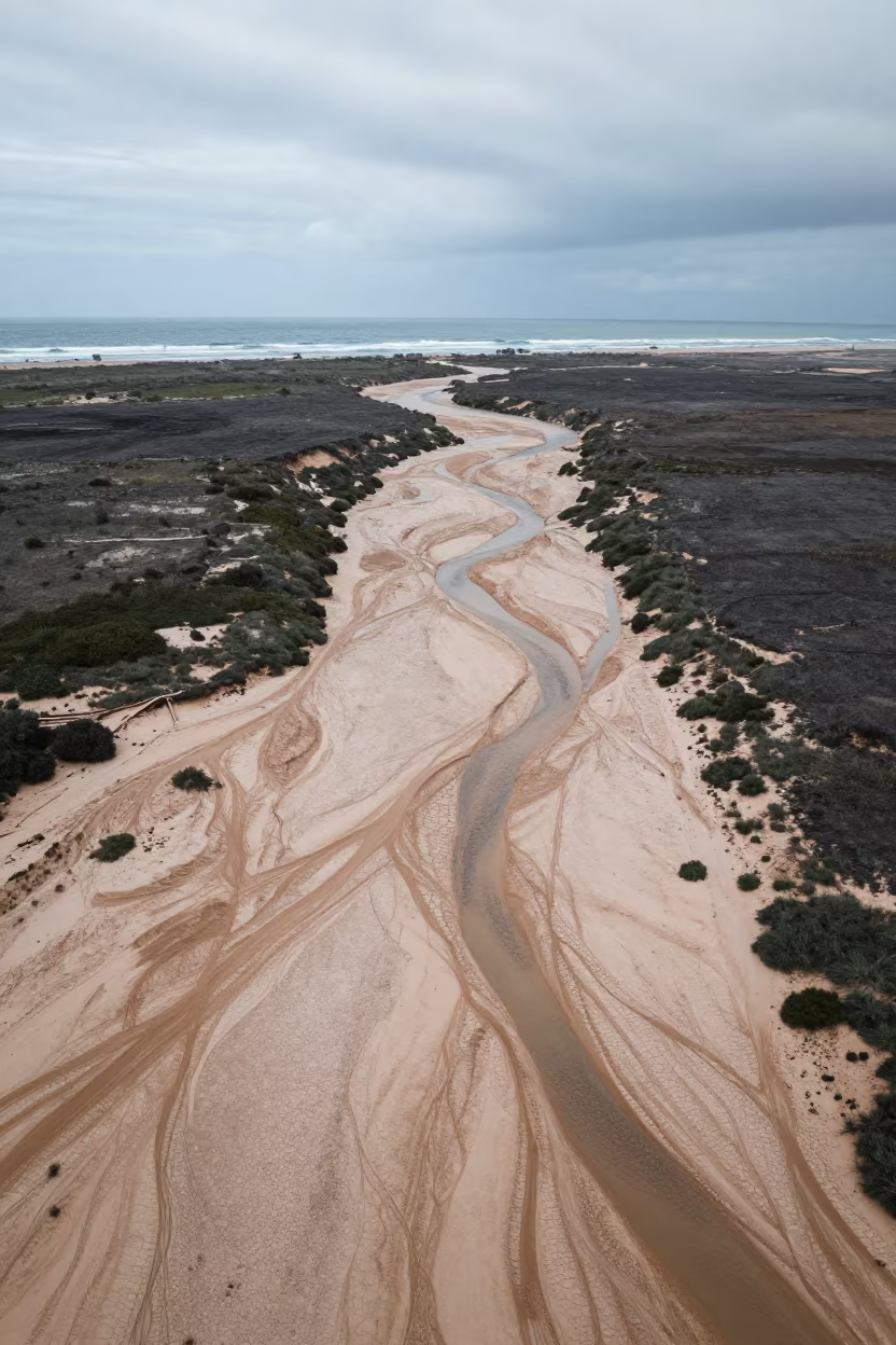 Aerial View of Dry River Bed Branching Like Veins in far above surf-scalloped coastline near Lecce