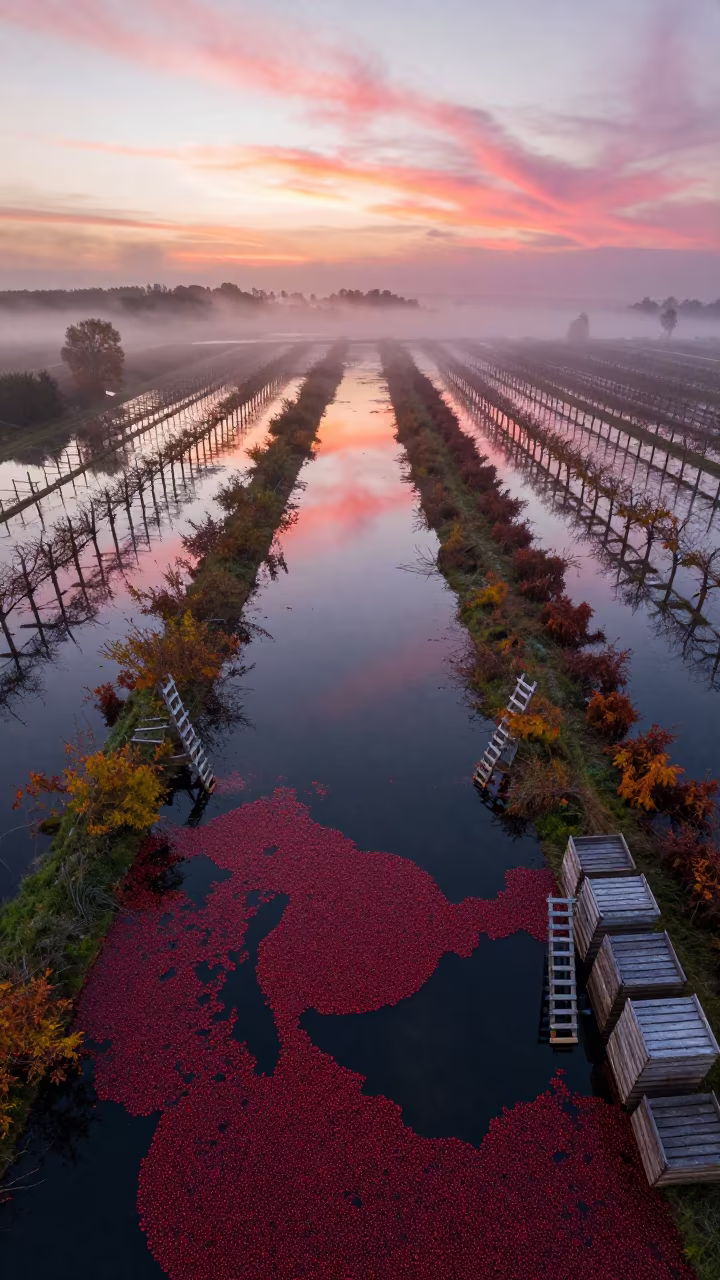 Aerial View of Flooded Cranberry Bogs at Dawn in among orchard ladders and crates in Burgundy