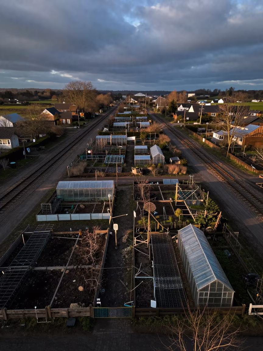 Aerial View of Georgia Allotments at Blue Hour in high over greenhouse grids in Georgia