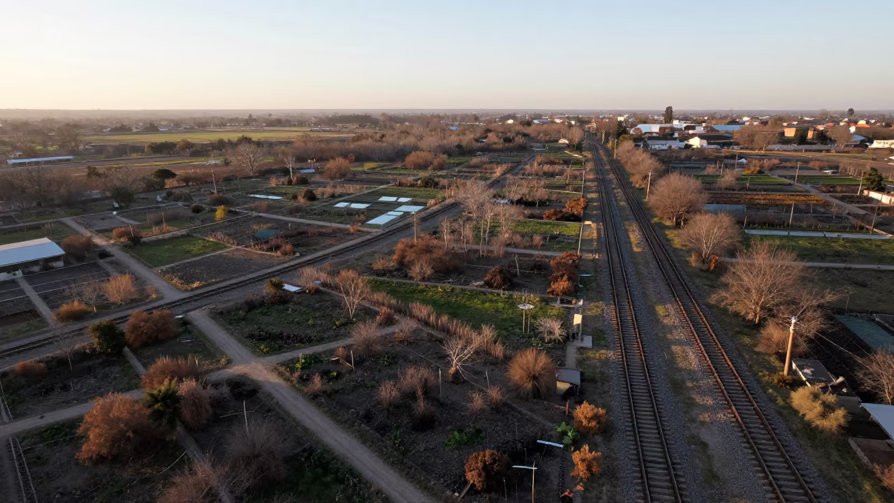 Aerial View of Gualeguaychú Gardens at Dawn in high above irrigation geometry near Gualeguaychú