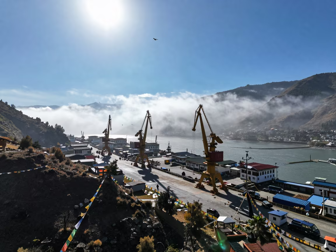 Aerial View of Harbor Cranes Under Mountain Pass in along a high mountain pass beneath prayer flags near Thimphu