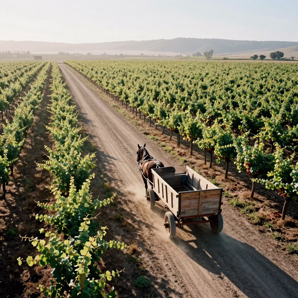 Aerial View of Horse Wagon on Vineyard Road in between vineyard trellises in Cali