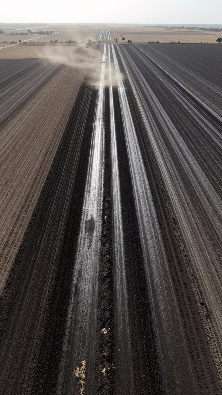 Aerial View of Irrigated Furrows Near Omdurman in along freshly irrigated rows near Omdurman