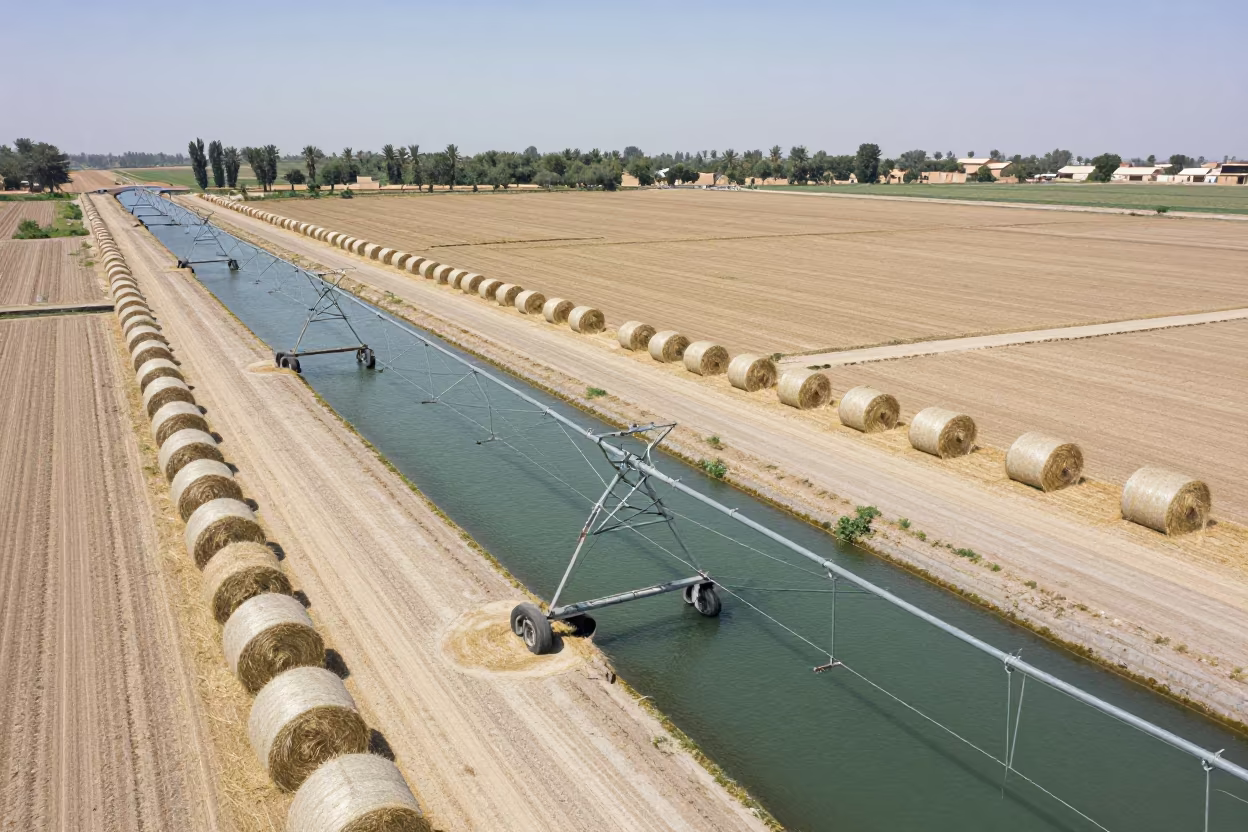 Aerial View of Irrigation Canals in Iran in beside stacked hay bales in Iran