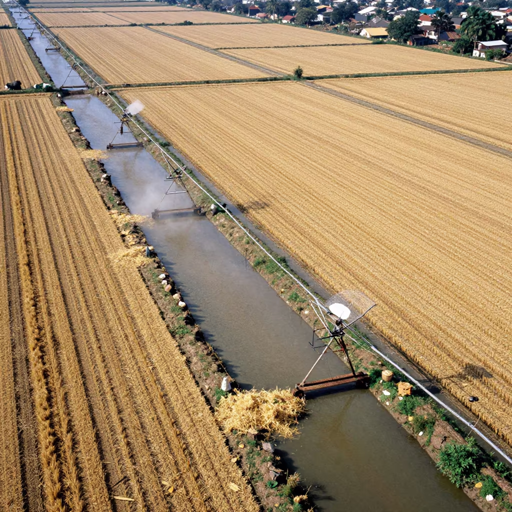 Aerial View of Irrigation Canals in Jashore in across a harvested grain field near Jashore