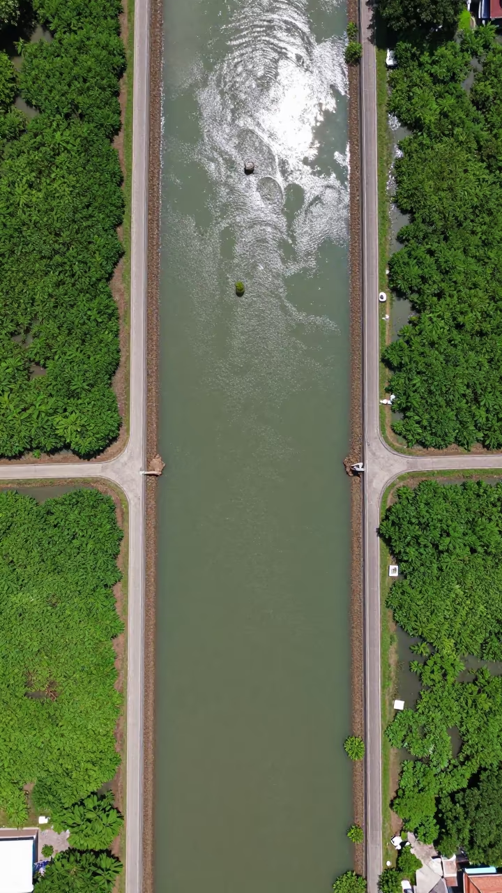 Aerial View of Irrigation Channels Near Bangkok in high above irrigation geometry near Rattanakosin, Bangkok