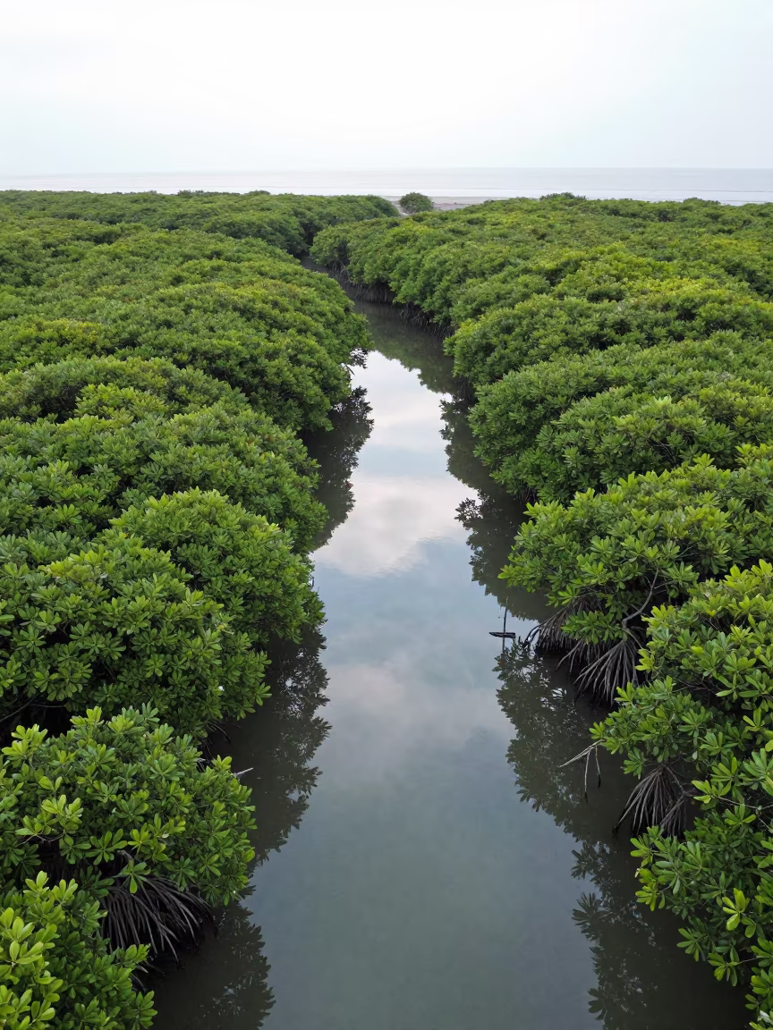 Aerial View of Japanese Mangroves Meeting Sea in across a wide valley floor in Japan