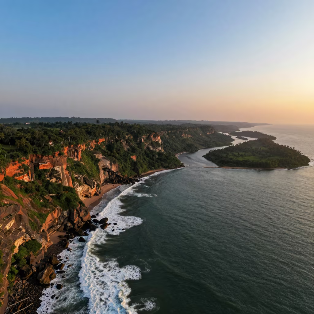 Aerial View of Kerala Sea Cliffs at Sunset in far above river meanders in Kerala