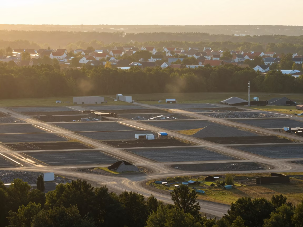 Aerial View of Landfill Cells at Sunset in high above patterned rooftops near Szczecin