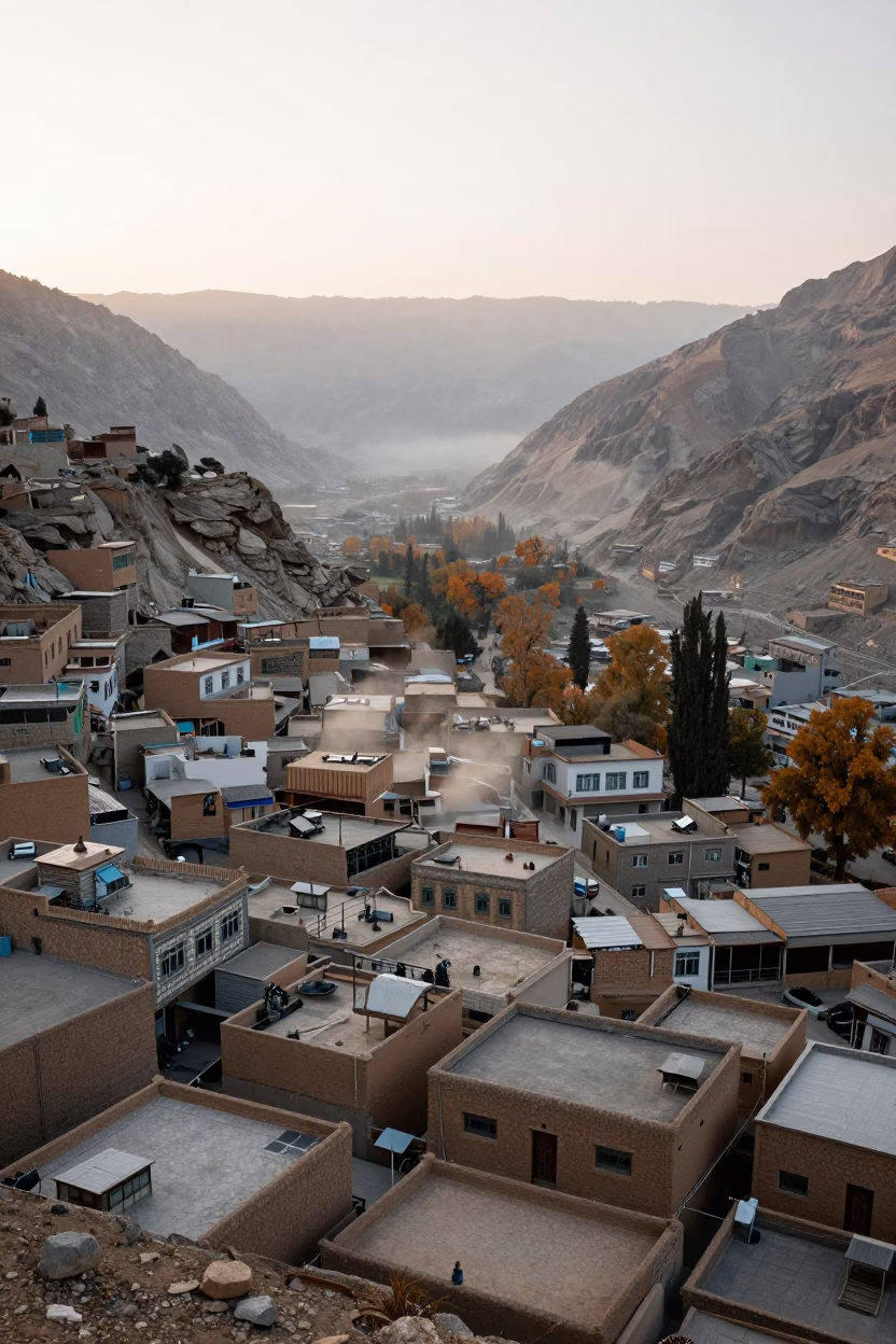 Aerial View of Leh Rooftops at Dawn in at a rocky saddle overlooking a mountain valley near Leh