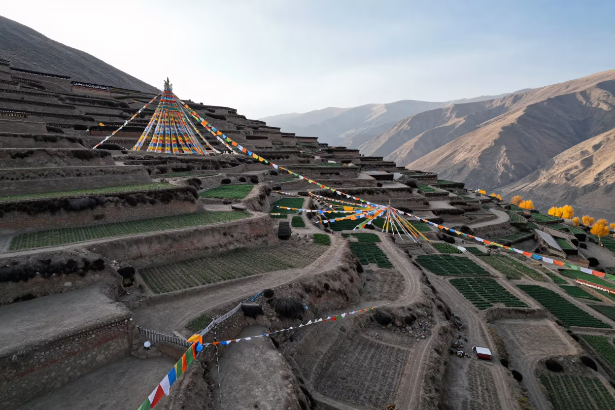 Aerial View of Lhasa Mountain Gardens in along a high mountain pass beneath prayer flags near Lhasa