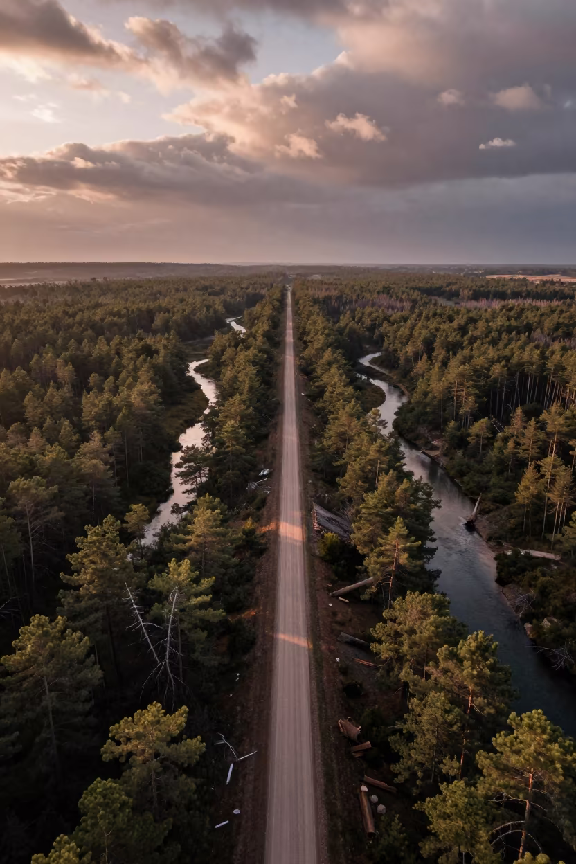 Aerial View of Logging Road and Braided River in high above braided river channels in Syria