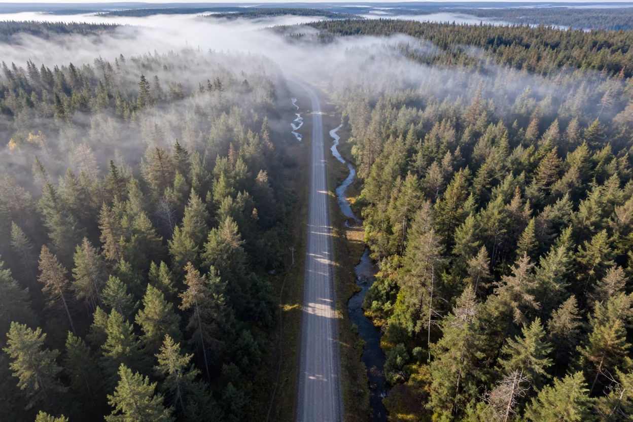 Aerial view of logging road through misty forest in high above braided river channels near Buea