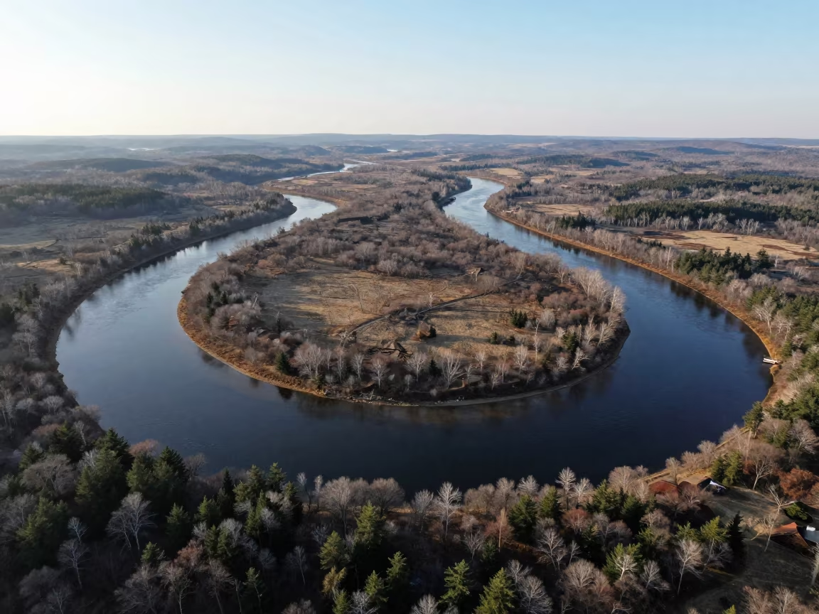 Aerial View of Maine River Meanders at Dawn in far above river meanders in Maine