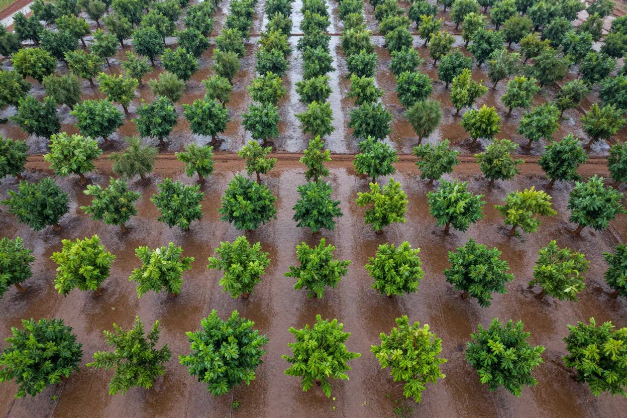 Aerial View of Mali Orchards in Rainy Season in far above orchard blocks and irrigation lines in Mali