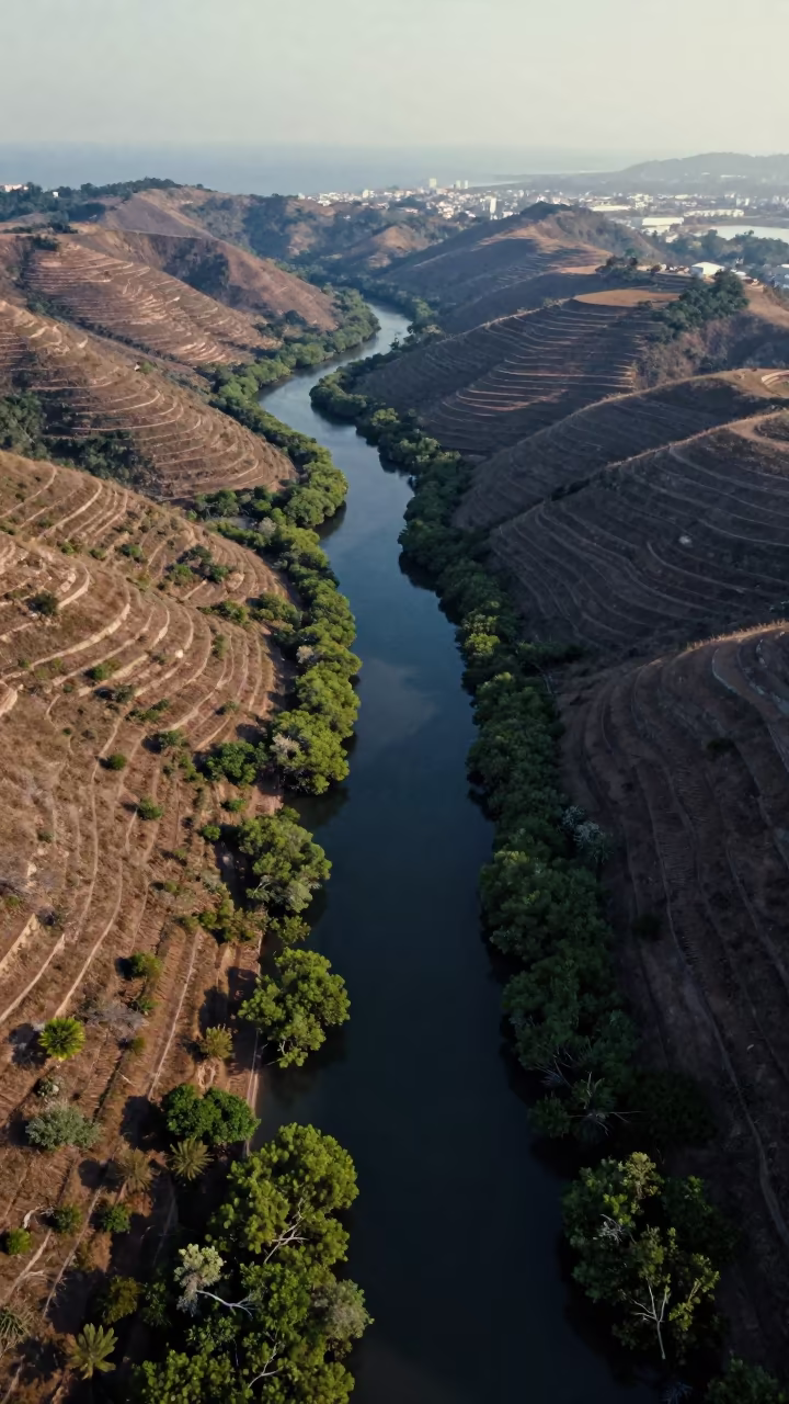 Aerial View of Mangrove Channels Before Sunrise in far above terraced hillsides near Centro, Rio de Janeiro