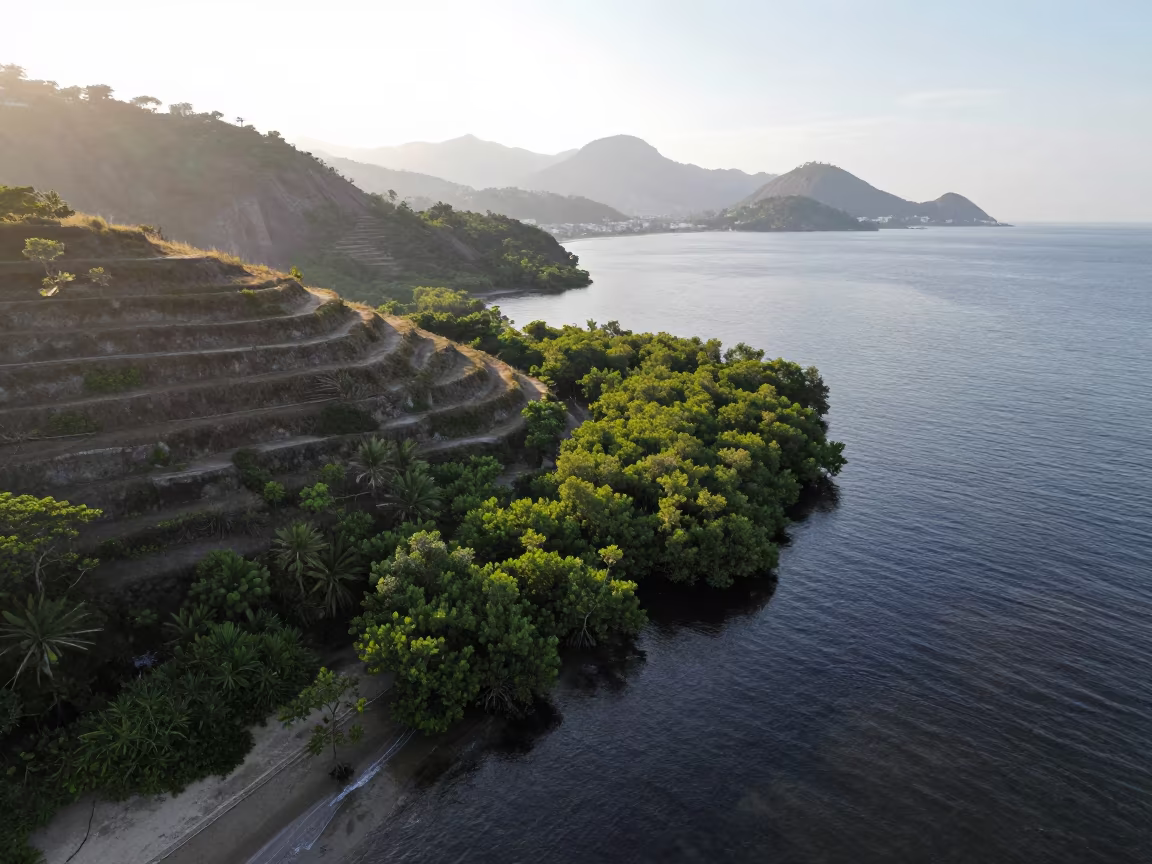 Aerial View of Mangrove Coastline Near Botafogo in far above terraced hillsides near Botafogo, Rio de Janeiro