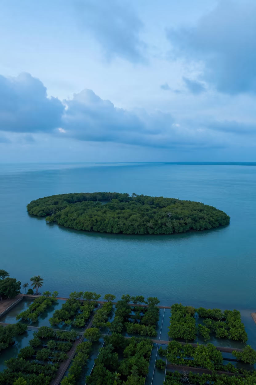 Aerial View of Mangrove Island Turquoise Waters in far above orchard blocks and irrigation lines near Cinnamon Gardens, Colombo