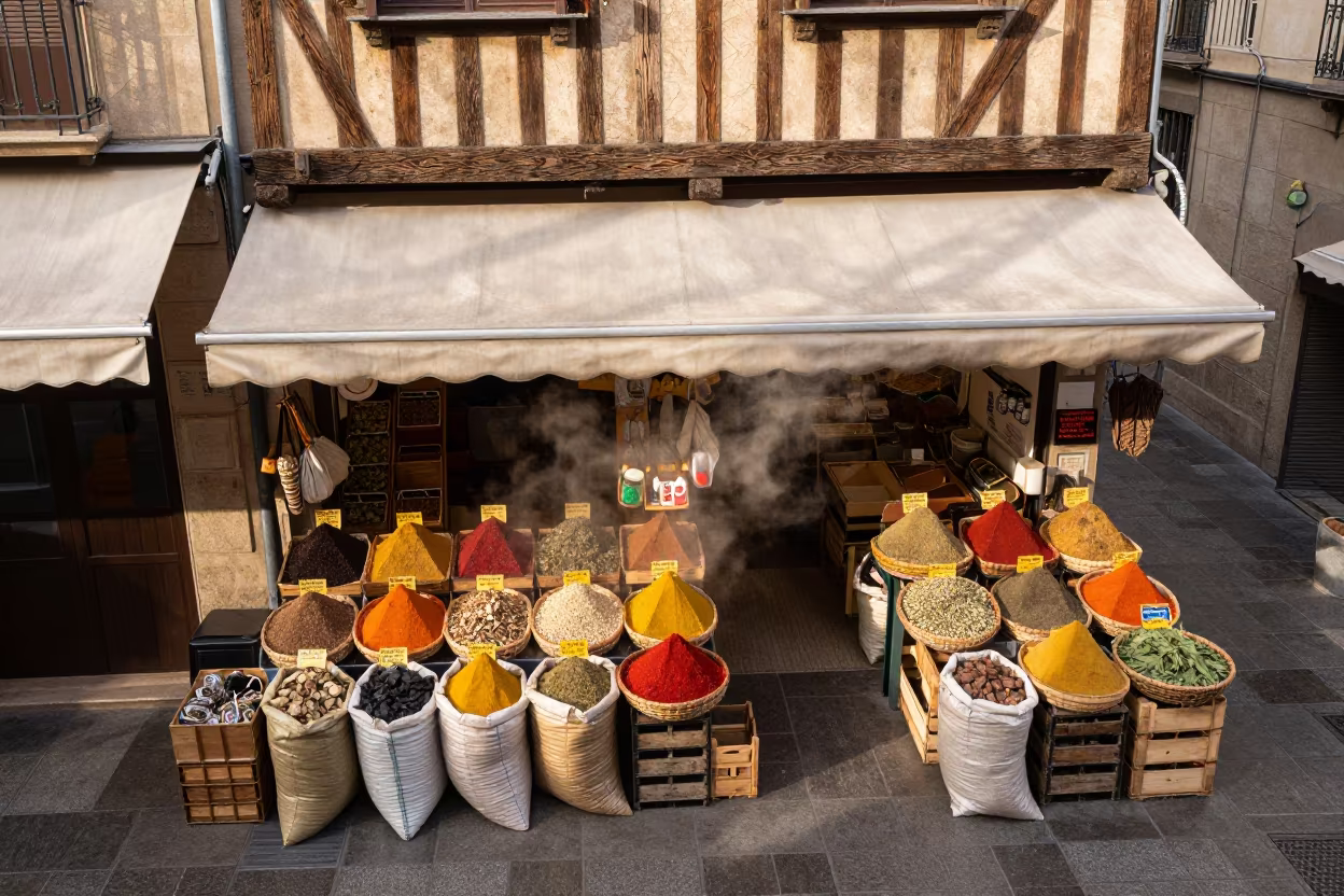 Aerial View of Market Stall with Spice Dust in at a market stall in Sant Antoni, Barcelona